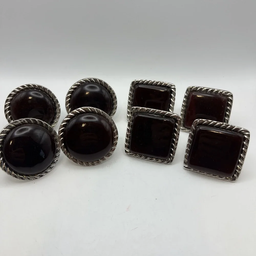 Vintage Mid Century Oxblood Red Cabochon Napkin Rings Mixed Shapes Set of 8